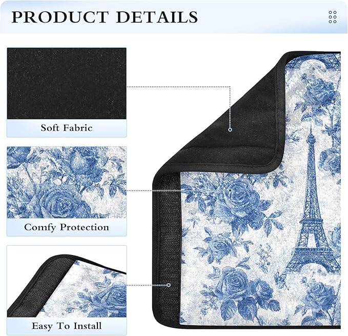 2 Pack Seatbelt Covers Seat Belt Cover Pad for Adults Boys Girls Car Seat Strap Covers Pads Cushion Universal Shoulder Strap Pad Protector for Backpack Camera Bag 10x7.7Inch Blue Roses and Eiffel Towe