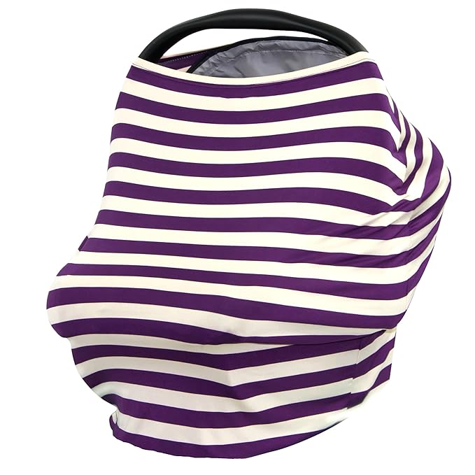 JLIKA Baby Car Seat Covers - Stretchy Infant Canopy and Nursing cover for breastfeeding newborns infants babies girls boys best shower gift maternity apron infinity scarf carseats (Grape Cream Stripe)