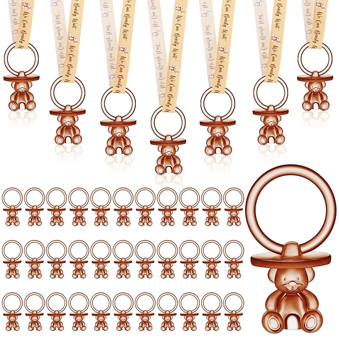 Beeveer 50 Pcs Green Leaf Baby Pacifiers Baby Shower Acrylic Pacifiers Necklace Boy Pacifier Bulk Nipples for Shower Game Ribbon Necklace for Party Favors Prize Decorations(Brown)