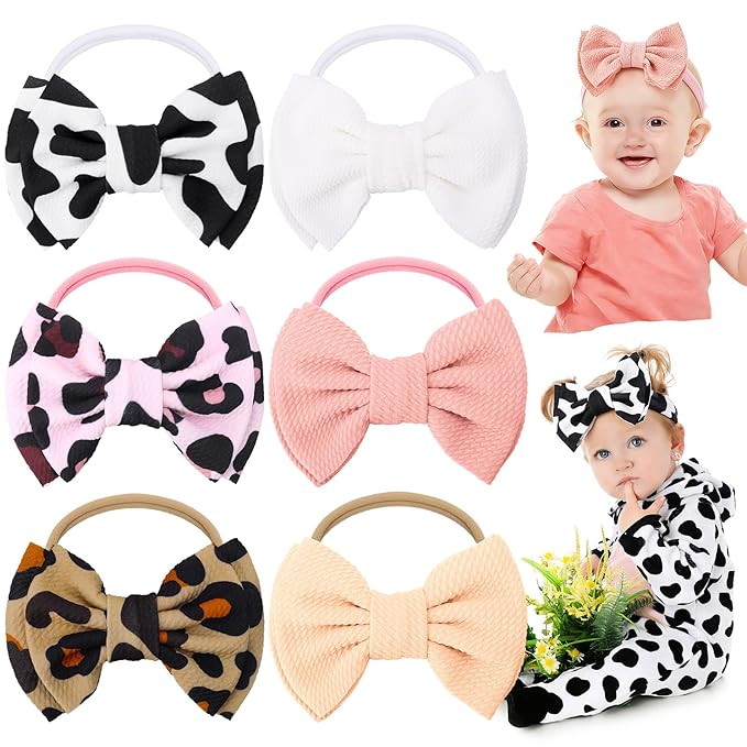 JATEBI 6 PCS Baby Girl Hair Bows Set Checkered Cow Print Bows Headbands for Girls Cowgirl Accessories Newborn Toddler Baby Outfits Cow