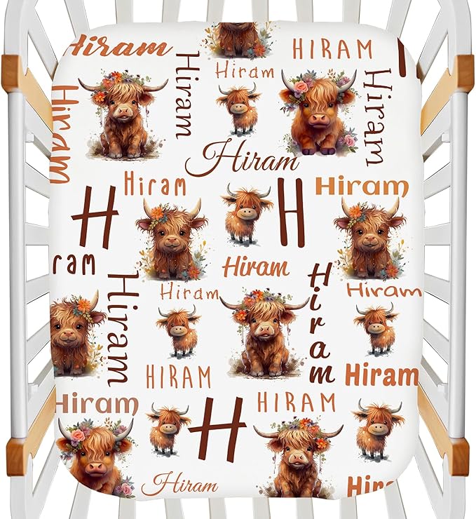 Personalized Name Pack and Play Sheets for Baby Boy Girl, Customized Pack n Play Sheets with Name, Custom Stretchy Mini Crib Mattress Fitted Sheets, Playard Playpen Sheet, Highland Cow Cattle