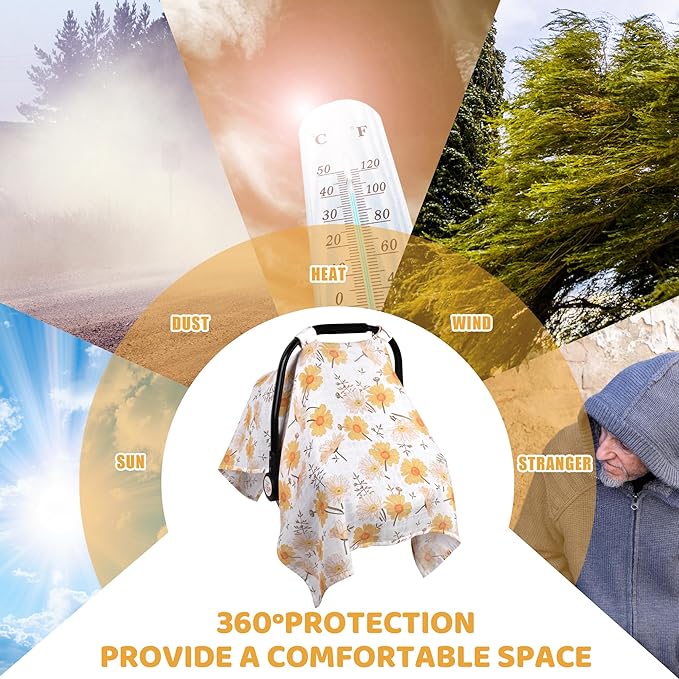 Metplus Car Seat Cover Baby Girl, 100% Muslin Cotton Infant Carseat Covers, Lightweight Breathable Car Seat Canopy, Summer Stroller Sun Shade, Newborn Travel Essentials