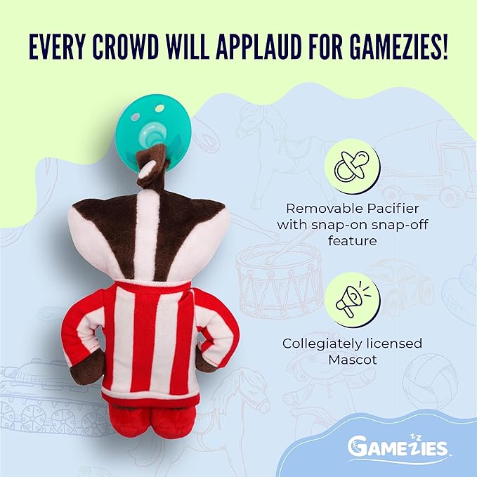 Gamezies Baby Boy and Girl Silicone University of Wisconsin Collegiately Licensed, Madison Bucky Badger Mascot Plush Pacifier CPSIA Tested, Removable, Washable Plush Toy BPA-Free 0-6 Months