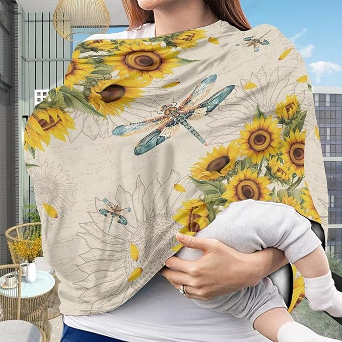 AFPANQZ Dragonfly Sunflower Baby Car Seat Covers for Girls Multifunctional Infant Car Seat Canopy Nursing Breastfeeding Scarf Shield Soft Breathable Stretchy 360 Coverage for Babies
