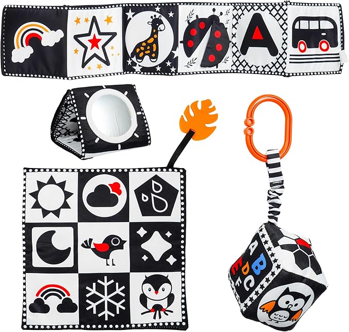 Melican 3 PCS Black and White High Contrast Baby Toys 0-3 Months for Newborn, Montessori Toys for Babies Sensory Soft Book for Early Education, Infant Tummy Time Toys 0 6 9 12 Months Baby Gifts
