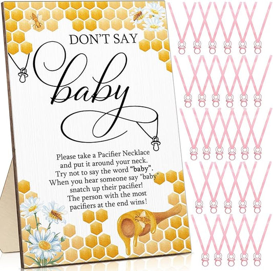 Geetery 51 Pcs Don't Say Baby Game Sign Cool Baby Shower Game 50 Pacifier Necklace Wooden Don't Say Sign Plastic Pacifier Party Favor for Gender Reveal(Bee,Pink)