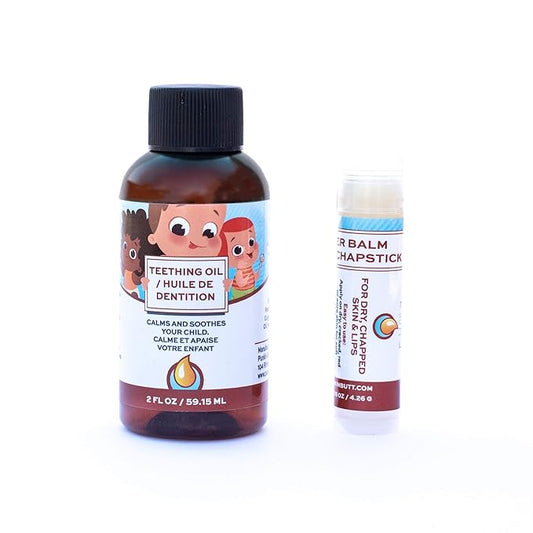 Punkin Butt Baby Teething Oil and Weather Lip Balm Bundle for Sore Gum Relief and Chapped Lips | All Natural, Organic, Safe for Infants, Chemical-Free | 2 Oz Oil