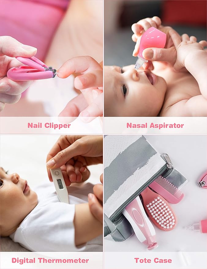 OTTOLIVES Baby Healthcare and Grooming Kit, 24 in 1 Baby Electric Nail Trimmer Set Newborn Nursery Health Care Set for Newborn Infant Toddlers Baby Boys Girls Kids Haircut Tools (0-3 Years+) (Pink)