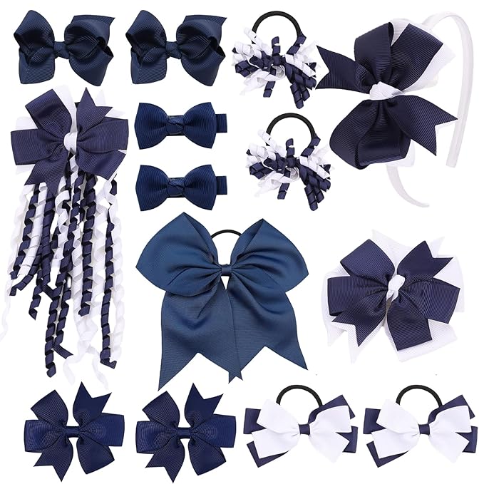 School Hair Accessories Set 14 Pcs Uniform Hair Bow Headband Clips Hair Ties Curly Korker Bows for Little Toddler School Girls (Navy&White)