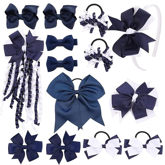 School Hair Accessories Set 14 Pcs Uniform Hair Bow Headband Clips Hair Ties Curly Korker Bows for Little Toddler School Girls (Navy&White)