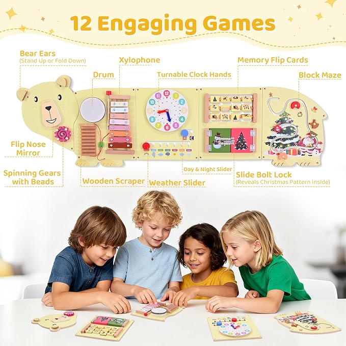 Activity Wall Busy Board Panels, Bear Wooden Montessori Sensory Toys, Toddler Learning Activity Center, Sensory Wall Panel Ideal Educational Gift for Boys and Girls