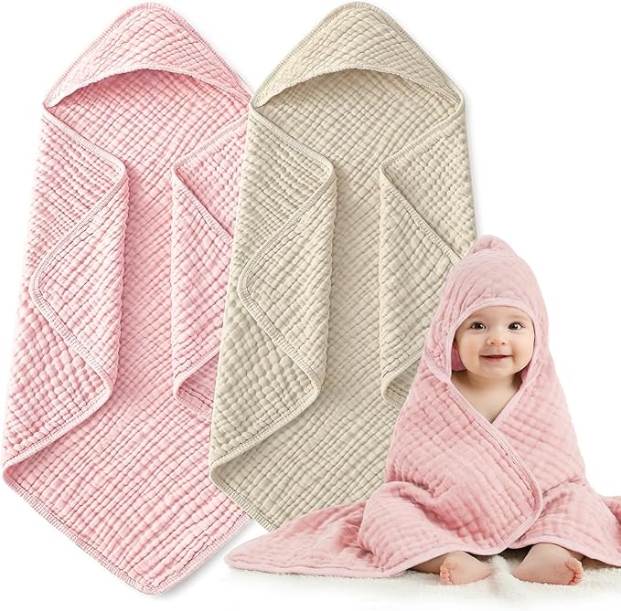Hooded Baby Bath Towels for Newborn, 2 Pack - 6-Layer 100% Muslin Cotton, Soft Absorbent Baby Towels with Hood for Babies, Infants & Toddlers, Large 32x32 Inch Unisex Newborn Baby Bath Essentials