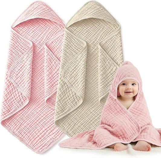 Hooded Baby Bath Towels for Newborn, 2 Pack - 6-Layer 100% Muslin Cotton, Soft Absorbent Baby Towels with Hood for Babies, Infants & Toddlers, Large 32x32 Inch Unisex Newborn Baby Bath Essentials