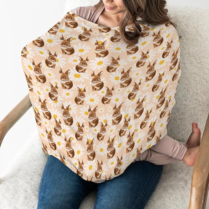 Vintage Bunny Daisy Car Seat Cover for Babies Retro Rabbits Boho Floral Stretchy 5-in-1 Cover Adjustable Infant Carseat Canopy Cover Spring Garden Easter Animal Breathable Nursing Cover-Up