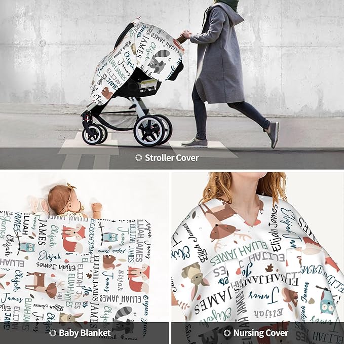 Personalized Car Seat Covers for Babies Custom Name Car Seat Canopy for Newborn Baby Boys Girls 2 in 1 Mom Nursing Breastfeeding Covers Woodland Minky Baby Carrier Covers with Peekaboo Opening