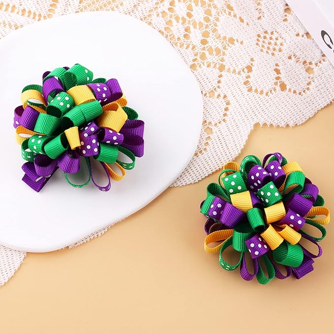 Mardi Gras Korker Hair Bows 3'' Girls Curly Corker Bow Alligator Clips Purple Yellow Green Grosgrain Ribbon Fireworks Flowerball Accessories Kids Favor Gift