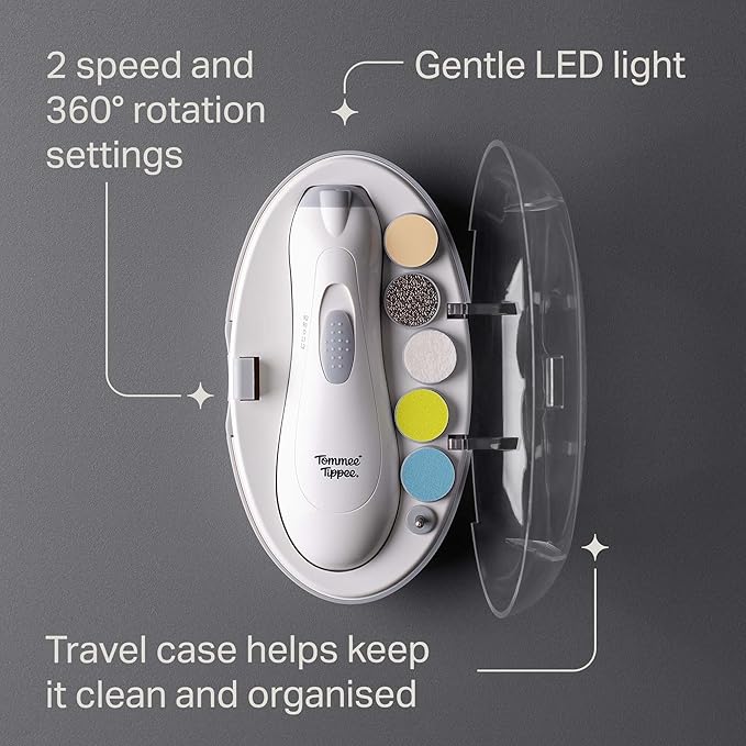 Tommee Tippee Electric Baby Nail File and Clipper, Battery-Powered with Six Filing Heads, LED Light, Adjustable Speed and Direction Settings for Entire Family