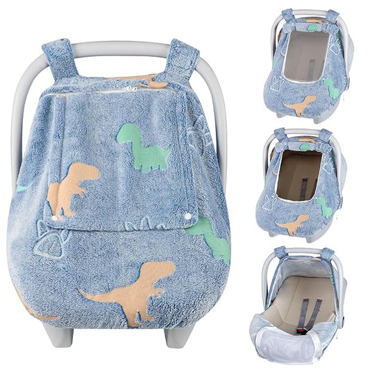 Car Seat Cover Baby Boys Girls, Soft Flannel Infant Carseat Cover with 2 Zipper Windows, Dinosaur Carrier Cover Canopy Glow in The Dark, Comfortable & Machine Washable, Blue