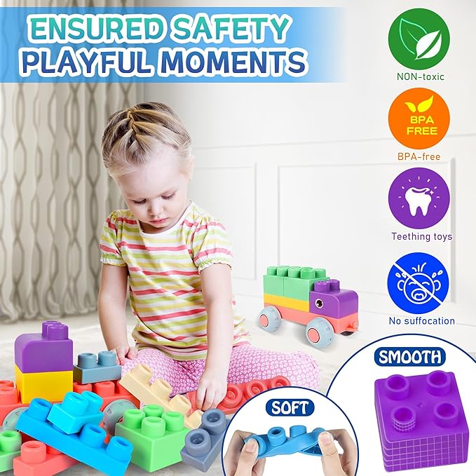 80PCS Baby Building Blocks Set with Storage Bucket, Blocks for Babies 6 Months and Up STEM Educational Toddler Gifts, Rubber Soft Blocks Big Building Blocks Sensory Stacking Toys
