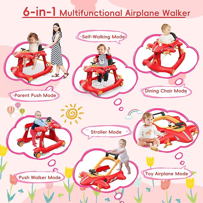 Betterhood 6-in-1 Foldable Baby Walker with Adjustable Height & Speed, Airplane-Themed Activity Push Walker with Music & Lights, Wheels, Anti-Slip Design, Suitable for Boys & Girls Aged 6-18 Months