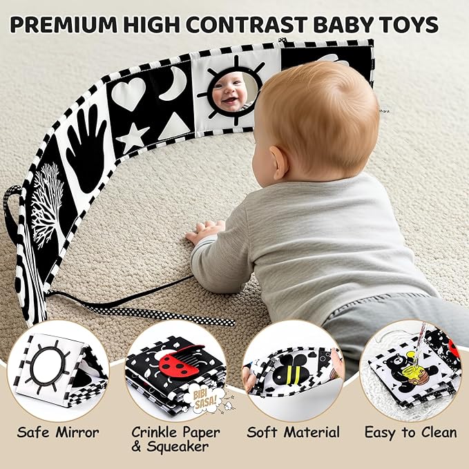 3PCS High Contrast Black & White Baby Toys - Tummy Time Mirror Infant Toys with Crinkle Cloth and Teether, Visual Stimulation Sensory Books for Newborns 0 3 6 12 Months, Shower Gift, Stocking Stuffers