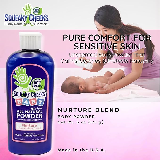 Squeaky Cheeks Baby Powder (5oz) | Organic | Unscented Talc-Free and All Natural Powder | Effective Relief from Rash Wetness and Itching | Also Ideal for Adults