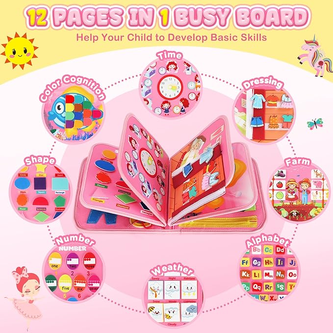 URMYWO Busy Board - Montessori Toys for 1 2 3 4 Year Old, Busy Book Toddler Activities with Fine Motor Skills, Autism Sensory Toys Gifts for Boys Girls, Travel Toys for Road Trip Plane Car (Pink