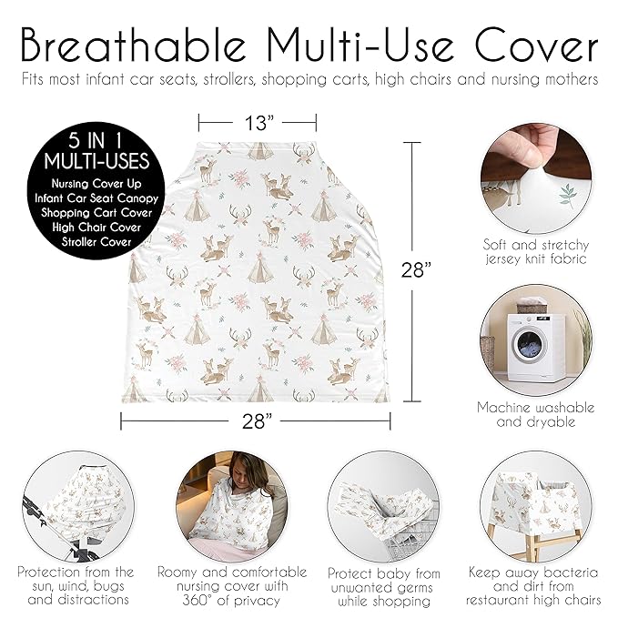 Sweet Jojo Designs Woodland Deer Floral Girl Infant Baby Car Seat Cover Nursing Breastfeeding Shopping Cart Stroller Canopy Blush Pink Mint Green Boho Watercolor Bohemian Forest Animal Shabby Chic
