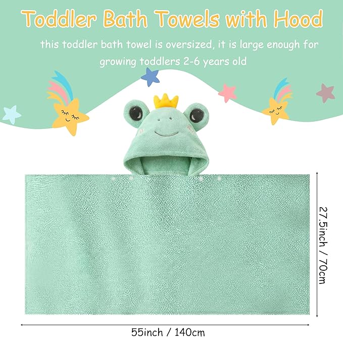 Toddler Hooded Bath Towel 27.5" X 55" Baby Towels with Hood Frog Soft Absorbent Toddler Towel Poncho Baby Hooded Blanket for Boys Girls
