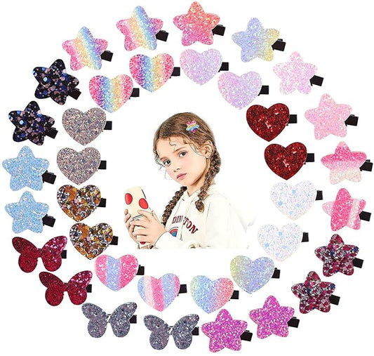 Fishdown Sparkle Sequins Hair Accessories for Girls: 36 Pcs Star, Heart, Butterfly Hair Clips, Barrettes, and Alligator Clips for Toddlers