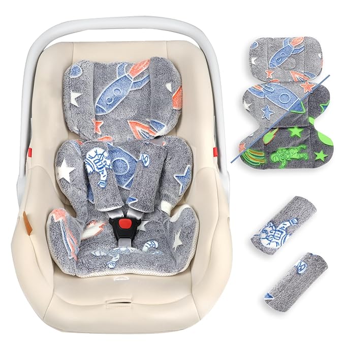 Infant Car Seat Insert Cushion, Baby Car Seat Head Body Support with 2 Extra Strap Paddings, Newborn Car Seat Insert for Baby Girls & Boys, Premature Carseat Cushion, Grey Rocket