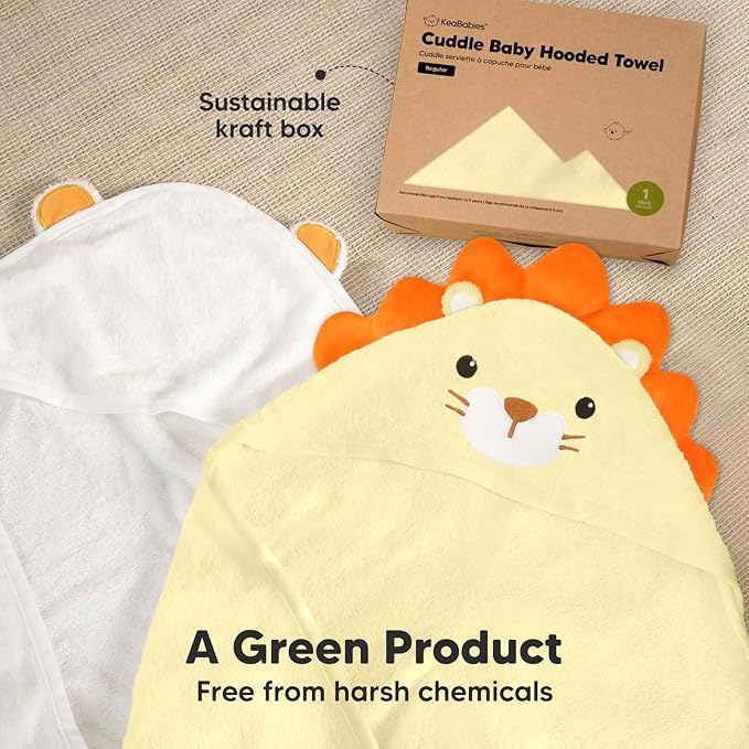 KeaBabies Hooded Baby Towel for Newborn - Viscose Derived from Bamboo Large Baby Bath Towels with Hood for Boys, Girls, Toddler, Extra Absorbent & Soft Newborn Bath Essentials (Lion, Regular)
