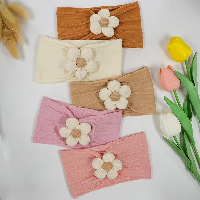 WillingTee 5 Pcs Baby Flower Headbands Baby Girls Nylon Headbands Soft Hairbands Hair Accessories for Newborn Infant Toddler Kids