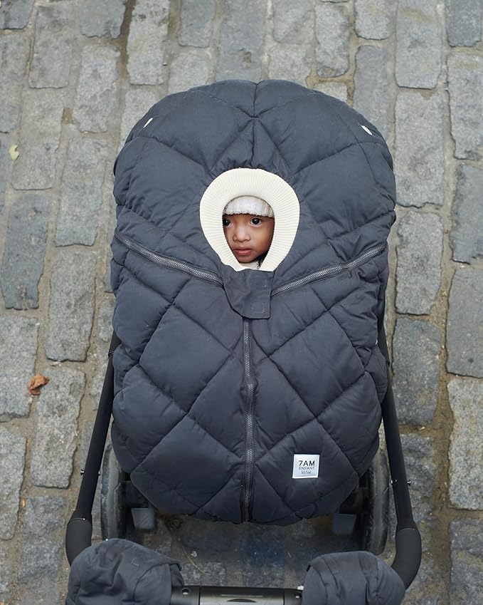 7AM Enfant Car Seat Covers - Cocoon Baby Cover for Boys & Girls, Rain & Snow Repellent, Breathable Windproof, Center Zipper, Universal Fit for Infant Car Seat (0-12M) (Smokey Quilted)