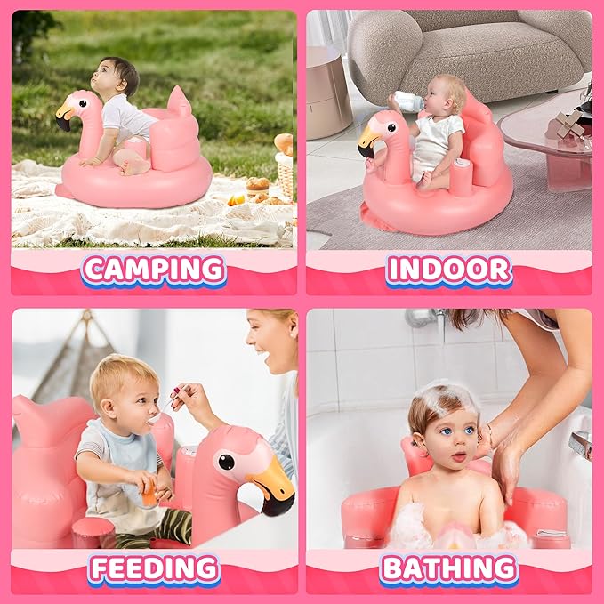 Baby Seat Inflatable Infant Floor Seat Toddler Chair Support Sitting Up Built in Air Pump with Tinkling Bells for 5-36 Months Home and Travel (Pink)