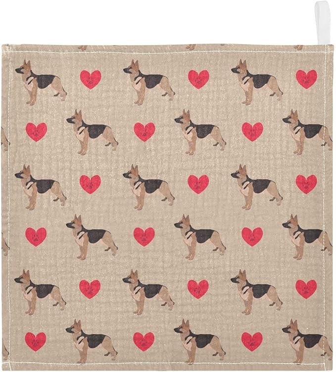 Dog German Shepherd Hearts Baby Washcloths Newborn Muslin Burp Cloths 3 Pack Soft Cotton Baby Face Bath Towel Drool Bibs for Infants, Girls and Boys 11.8 x 11.8 Inch