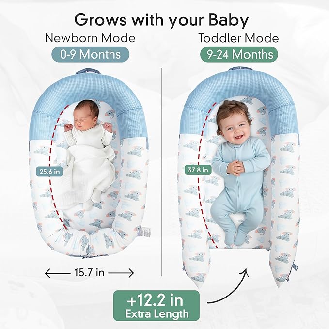 JollyBoo® Deluxe Infant Lounger Pillow - Baby Lounger 0-24 Months | Bamboo-Cotton Portable Baby Nest with Foldable Sunshade & 2 Plush Toys | Soft, Breathable Mesh for Cool, Safe Rest (Blue Elephant)