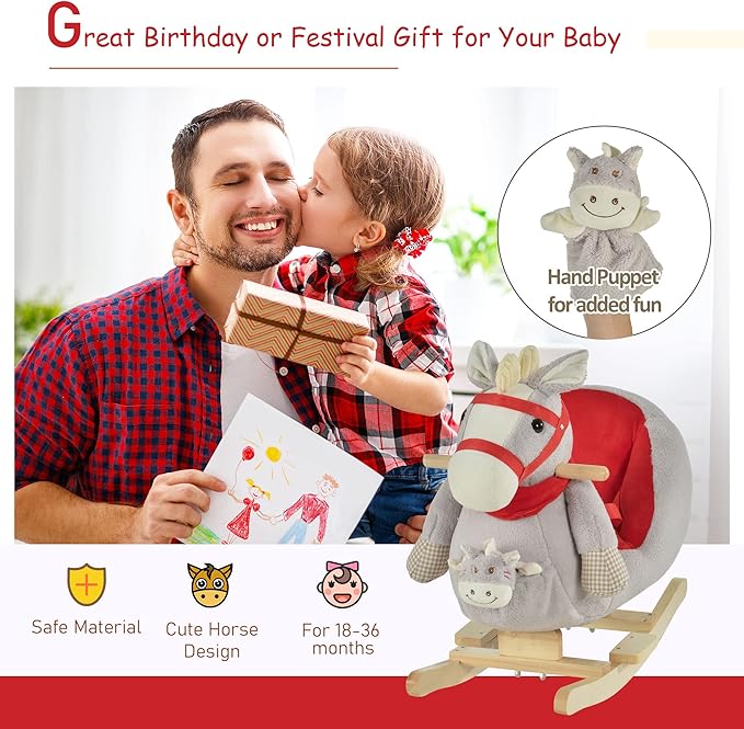 Qaba Kids Ride-On Rocking Horse Toy, Rocker with Lullaby Song, Hand Puppets & Soft Plush Fabric for Children 18-36 Months, Gray