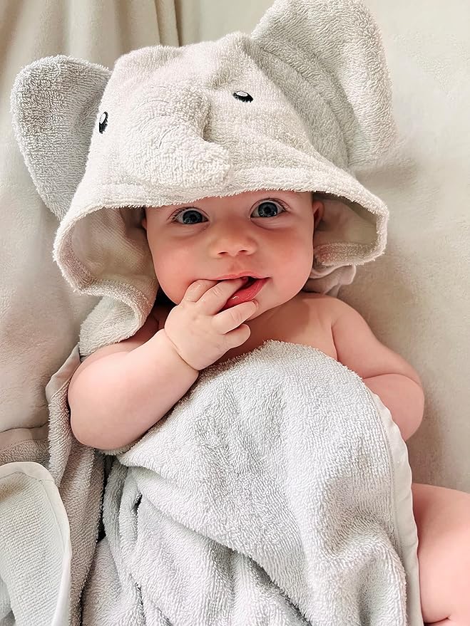 Baby Animal Hooded Towel and Washcloth Set for Newborns, Infants, Toddlers Boys and Girls 3-24 Months (Elegant Grey Elephant)