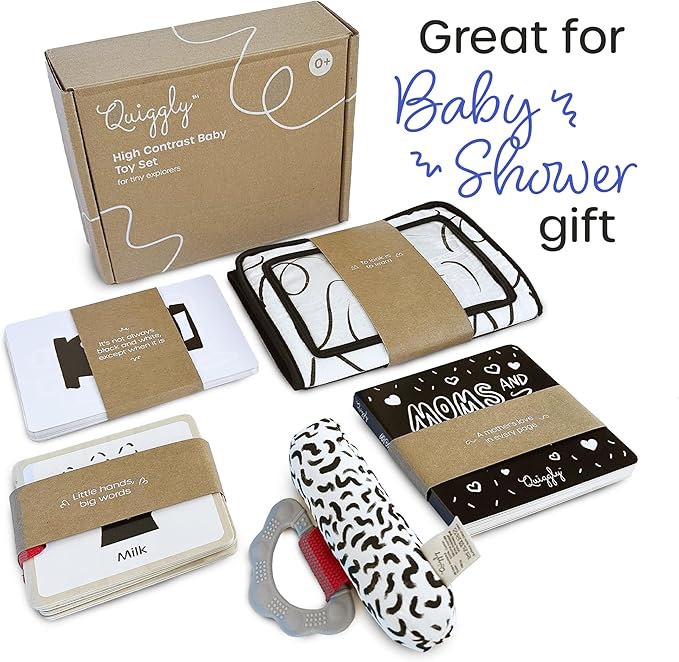 Quiggly High Contrast Baby Toy Set - Black and White Newborn Sensory Toys - Tummy Time Mirror, 25 Visual Stimulation Cards & Board Book - Infant Play Kit for Newborns 0-3 Months (Standard)
