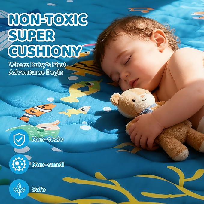 RONGFA Baby Play Mat for Floor, 71'' x 59'' Thicken Foam Soft Padded Mat for Baby, Playpen Mat for Toddlers Infant Kids, Machine Washable, Non-Slip Bottom Safe for Crawling (Sea)