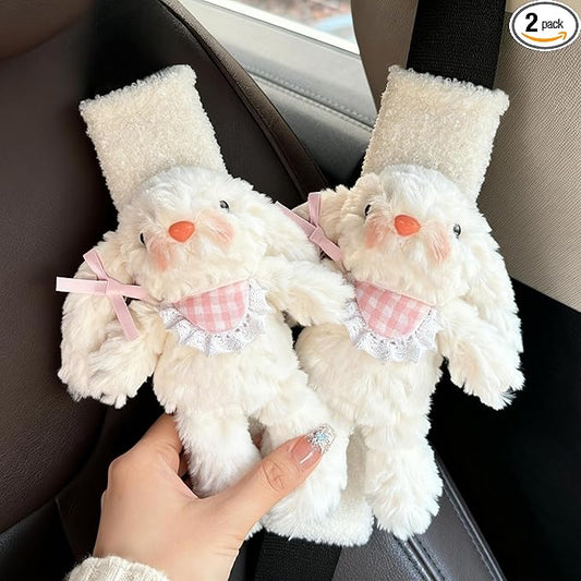 2 PCS Seat Belt Cover Pad, Cute Kawaii Animal Bunny Seatbelt Covers for Kids and Adults, Winter Plush Fluffy Soft Seat Belt Cover, Cartoon Seatbelt Cushion,Car Seat Strap Pads (A-Bunny(Pink))