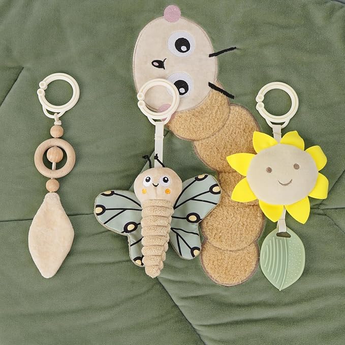 4-in-1 Wooden Baby Play Gym & Activity Mat, Soft Cotton Tummy Time Mat for Babies 0+,with 3 Detachable Toys for Sensory & Motor Skill Development,Newborn Infant Baby Essentials Gift,Leaf