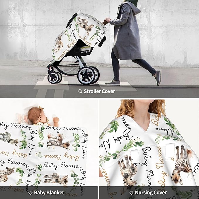 Winter Carseat Cover for Baby Personalized Zebra Baby Car Seat Cover with Name Custom Minky Car Seat Canopy Boys Girls Infant Carrier Covers Nursing Cover Toddler Blanket