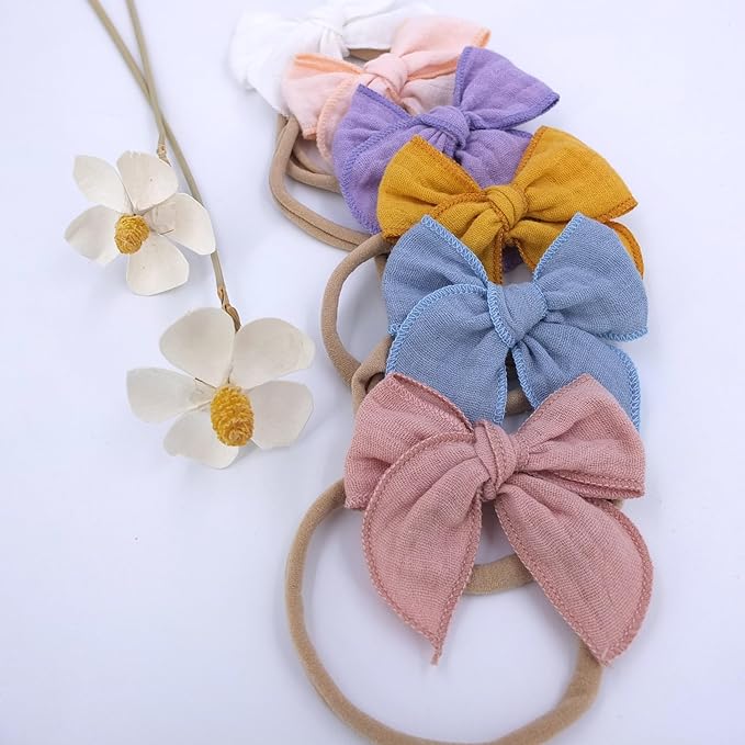 Sugarmelon Original Cotton Gauze Headband for Newborn Toddler Infant Baby Girl Kids Muslin Cotton Hair Bow Headbands Turban Elastic Hair Bands (6 pcs Bow Nylon Headband)