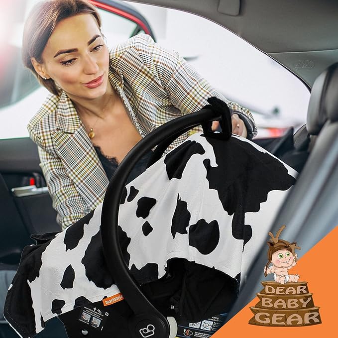 Dear Baby Gear Car Seat Cover for Boys & Girls - Baby Carseat Canopy w/Snap Opening - Infant Seat Cover - Stroller & Nursing Covers - Newborn Carrier Canopy - 40x30 (Black and White Holstein Cow)