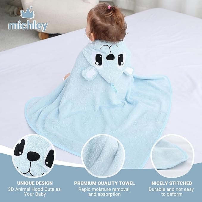 MICHLEY Bamboo Viscose Baby Hooded Bath Towel for Boys and Girls, 29.5 x 29.5 Inch Ultra-Soft and Quick-drying Infant Bath (Bear)
