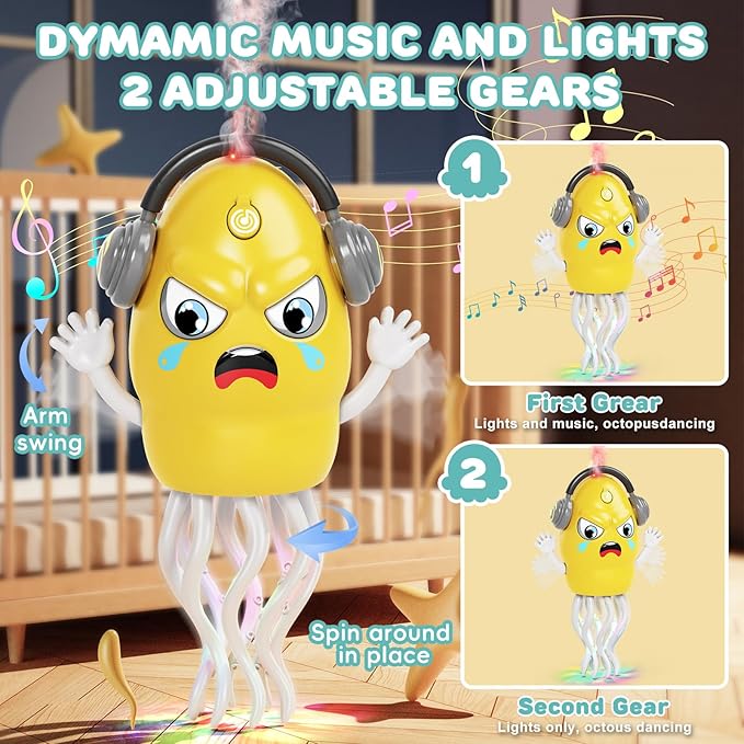 Dancing Squid Toy with Spray, Dancing Octopus Crawling Toys with Music and Lights, Electric Crawling Octopus Baby Toy, Tummy Time Squid Toys, Birthday Baby Gifts Christmas Stocking Stuffers (Yellow )