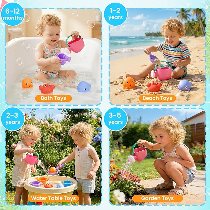 9 PCS Baby Bath Toys for Kids Ages 1-3, Mold Free Toddler Bath Toys for 2-4 with 3 No Hole Ocean Sea Animals and Storage Bag, Bathtub Beach Sand Water Table Toys for 1 2 3 Years Old Girls Boys Gifts
