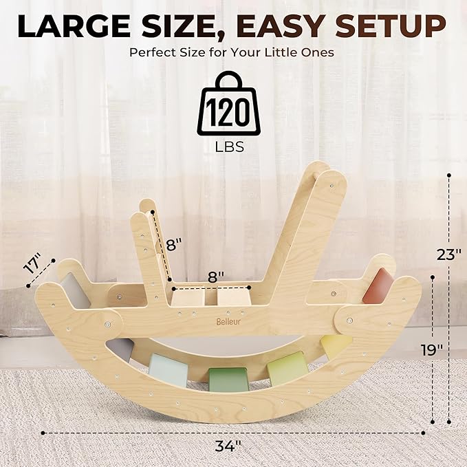 Belleur Wooden Rocking Arch for Toddlers, Rainbow Arch Rocker with High Handle & Backrest, Montessori Balance & Riding Toy for Toddlers 1-5 Years Old, Indoor Play and Ideal Birthday Gift